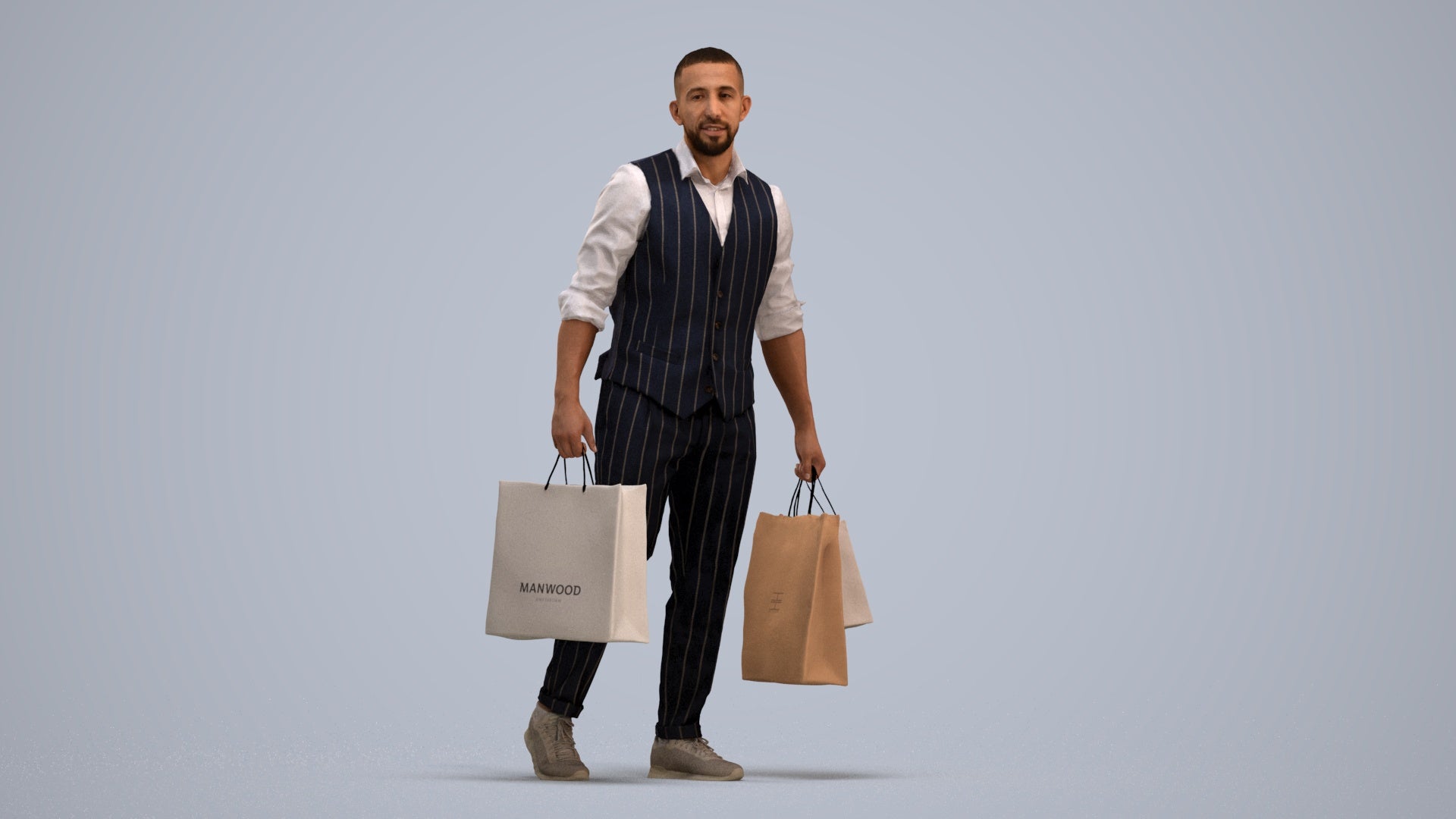 3D human model man casual shopping, photogrammetry scanned person for archviz, standing pose render