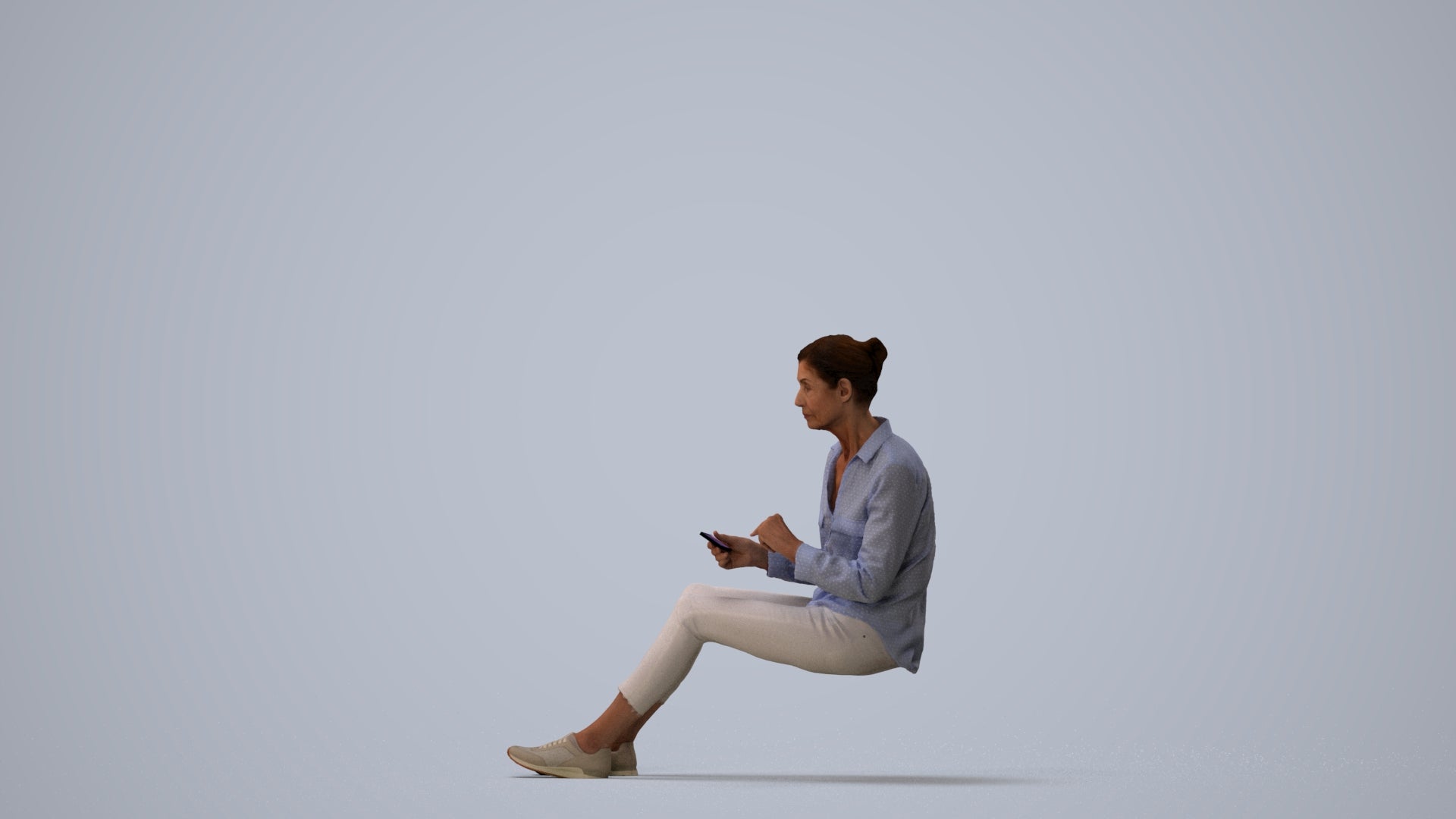 3D scanned senior woman sitting casual, photorealistic archviz people for Enscape and SketchUp, three-quarter view render