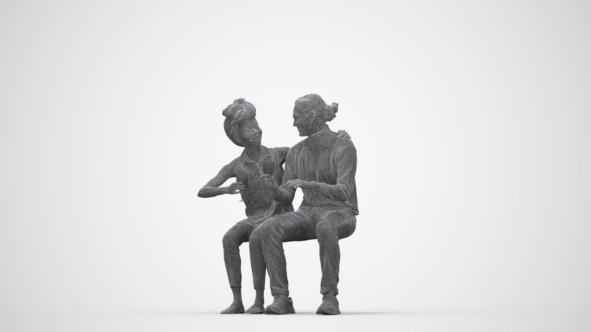 scanned 3D man casual couple, photogrammetry people for Enscape and V-Ray, wireframe back view