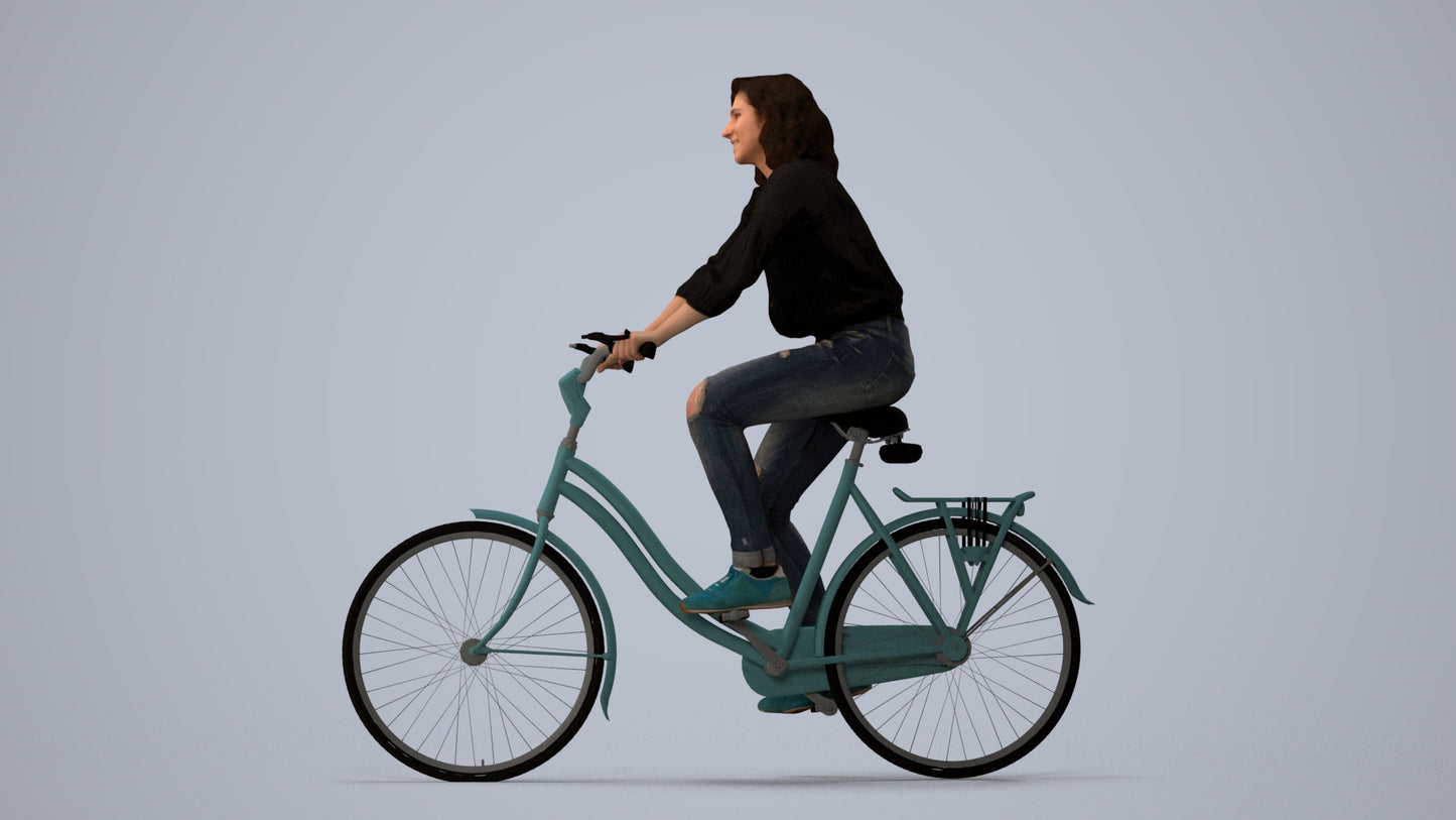 realistic 3D woman casual cycling, scanned archviz people for Blender and 3ds Max, three-quarter view render