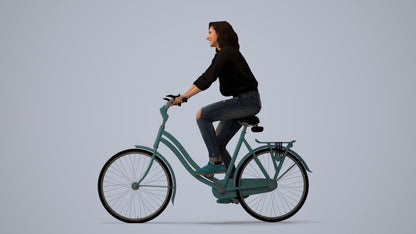 realistic 3D woman casual cycling, scanned archviz people for Blender and 3ds Max, three-quarter view render