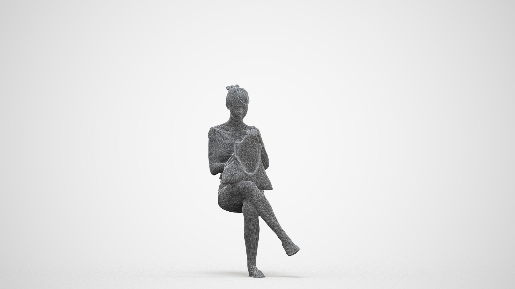 3D human model girl casual sitting, photogrammetry scanned person for archviz, three-quarter front view render