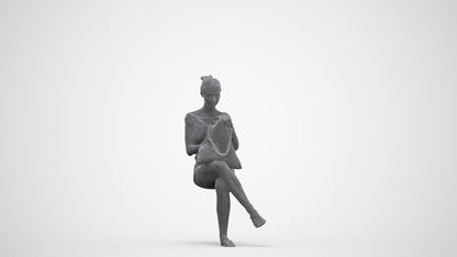 3D human model girl casual sitting, photogrammetry scanned person for archviz, three-quarter front view render