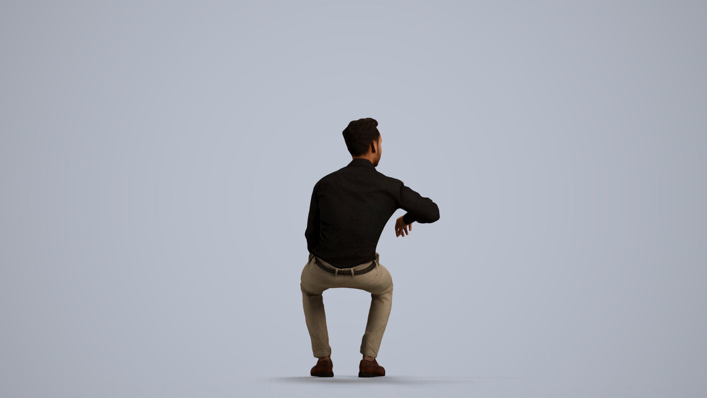 realistic 3D man business sitting, scanned archviz people for Blender and 3ds Max, front view render