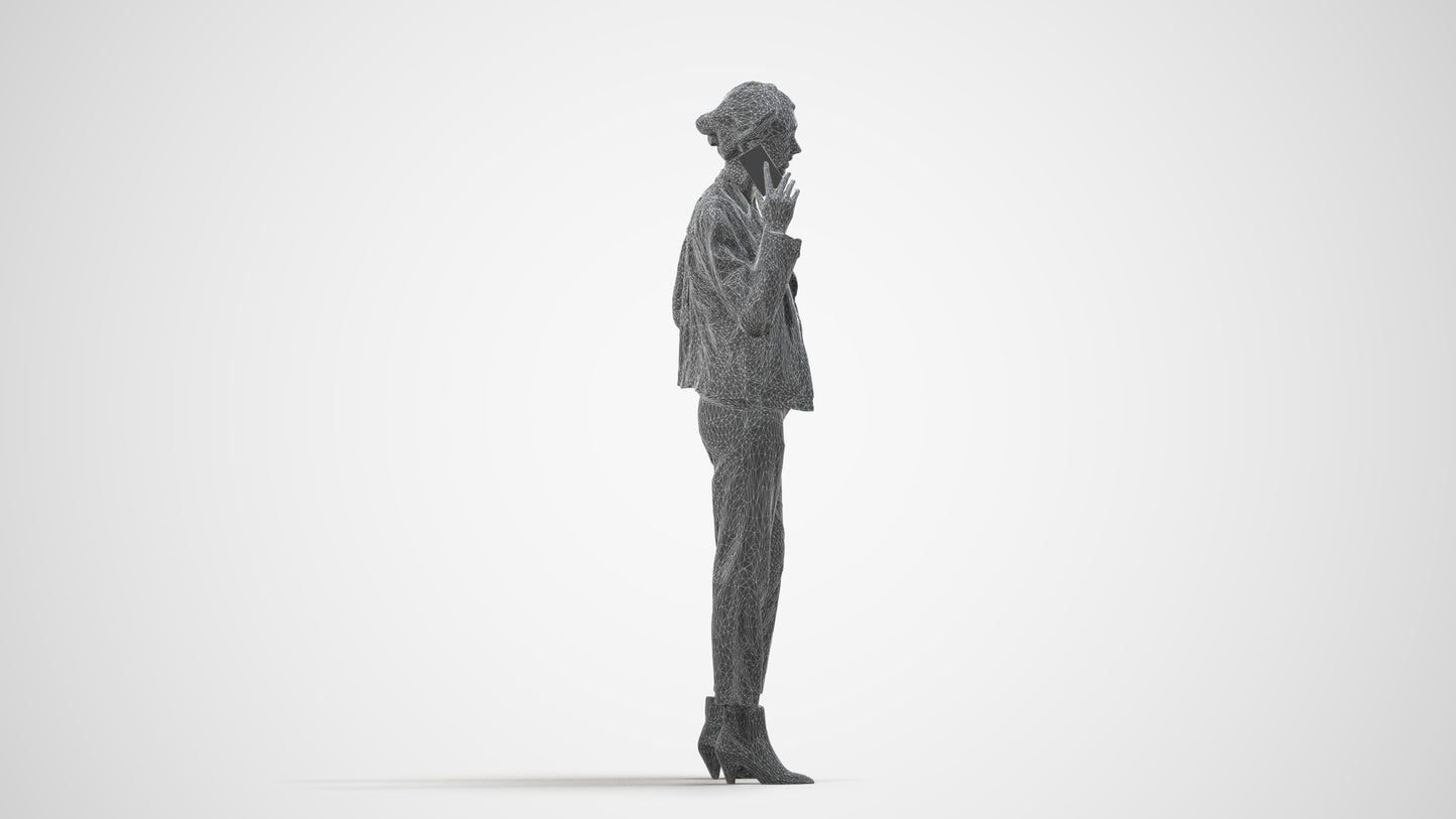 3D scanned woman standing business, photorealistic archviz people for Enscape and SketchUp, wireframe side view
