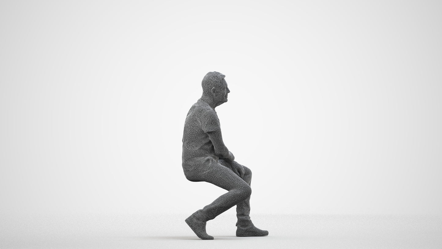 scanned 3D senior man casual sitting, photogrammetry people for Enscape and V-Ray, wireframe side view