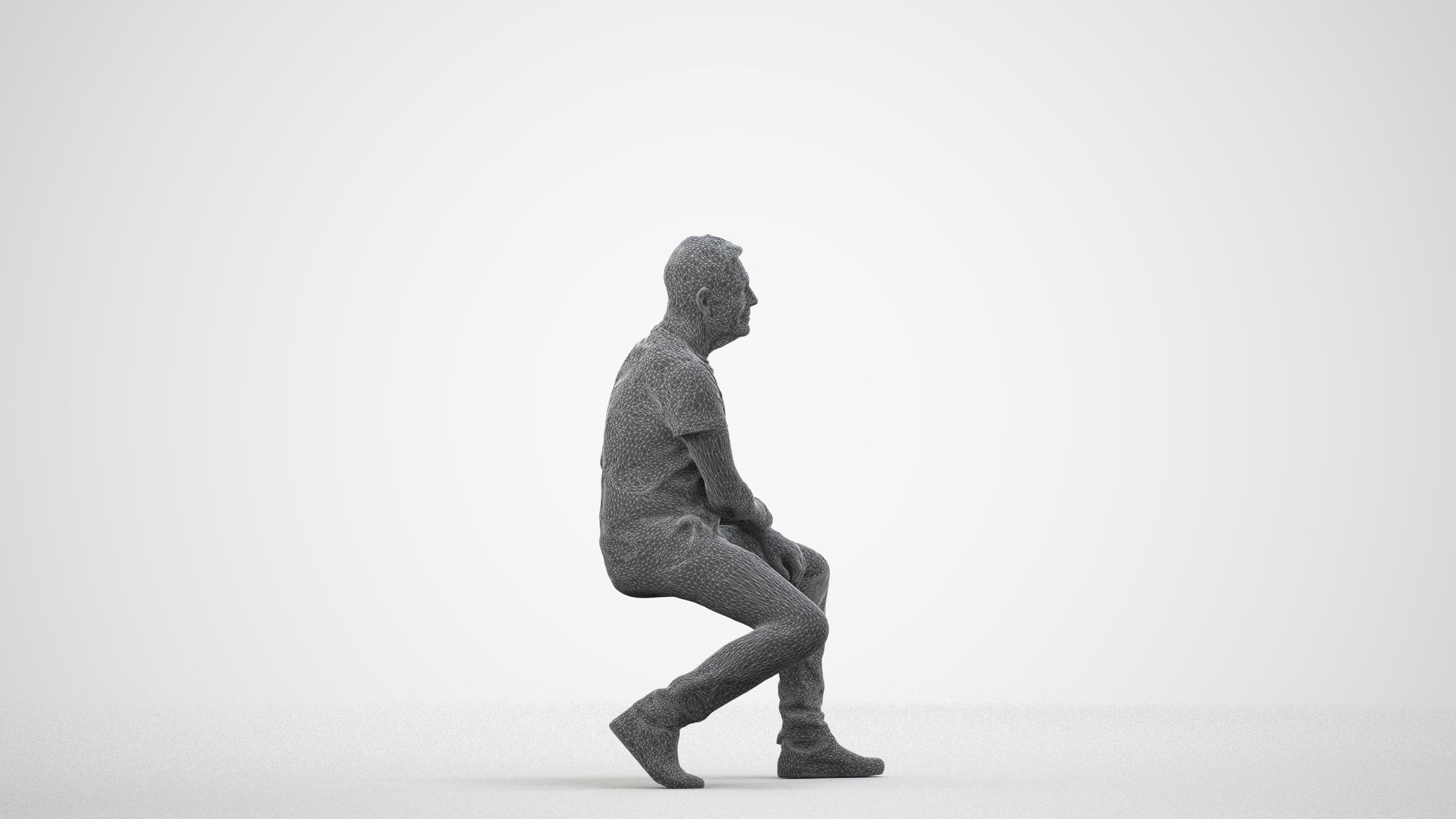 scanned 3D senior man casual sitting, photogrammetry people for Enscape and V-Ray, wireframe side view