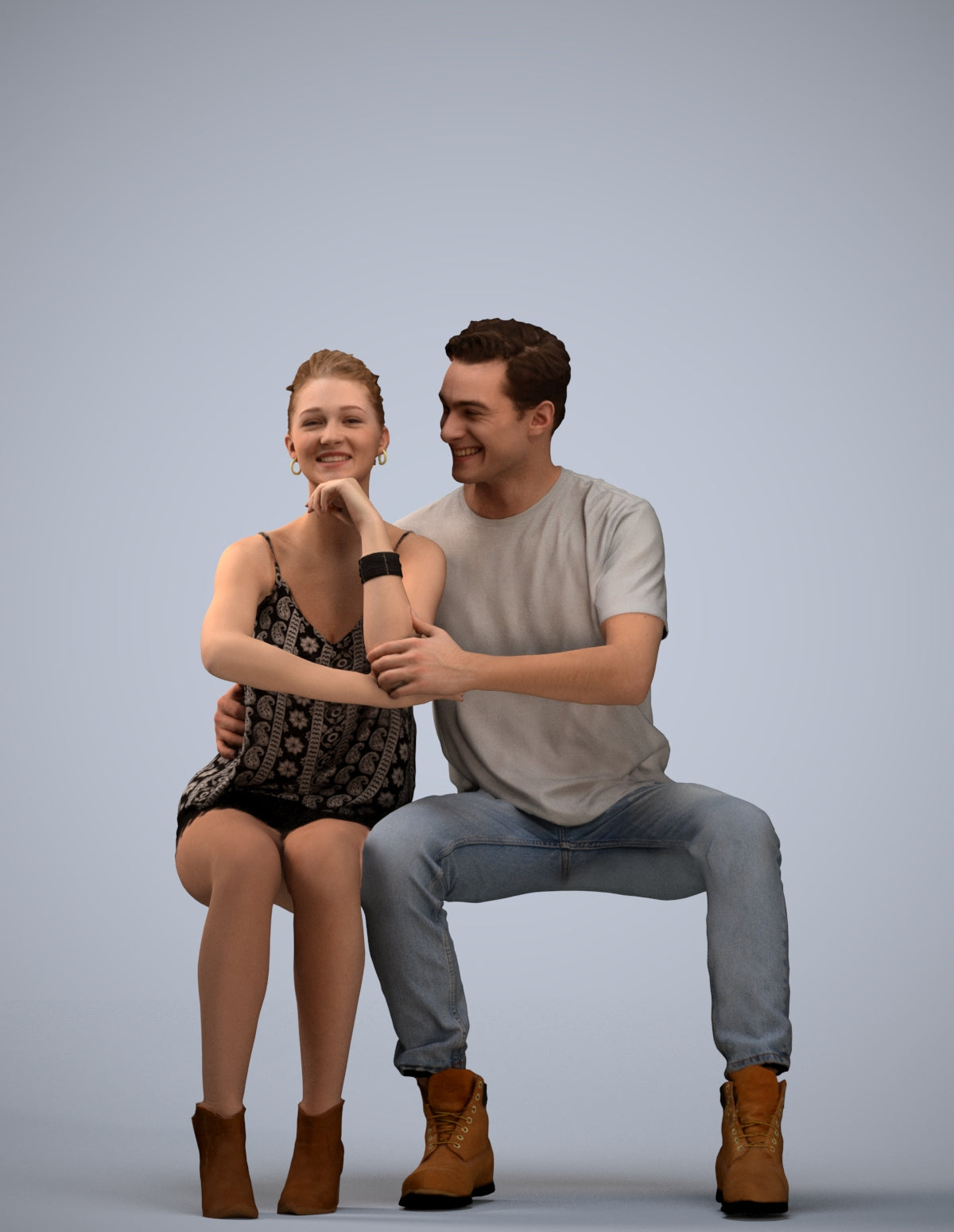 3D human model woman casual couple, photogrammetry scanned person for archviz