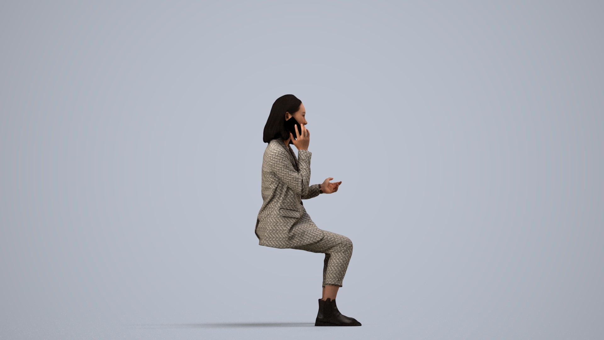 3D human model woman business, photogrammetry scanned person for archviz, side view render