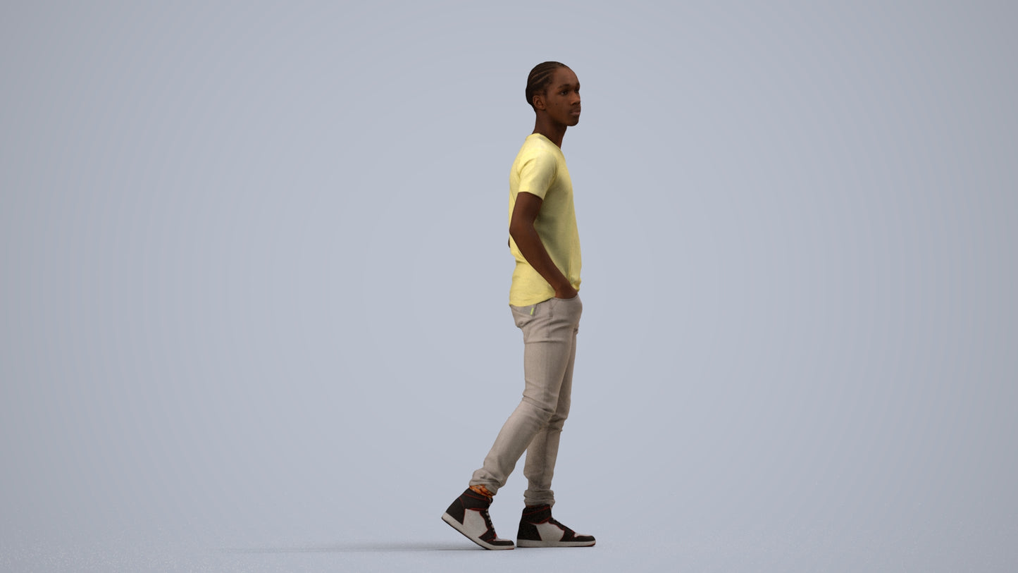 3D human model boy casual kids, photogrammetry scanned person for archviz, side view render