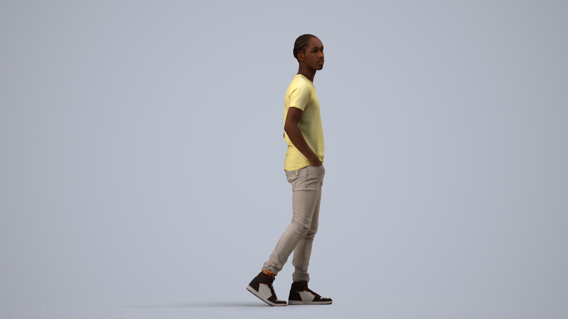 3D human model boy casual kids, photogrammetry scanned person for archviz, side view render