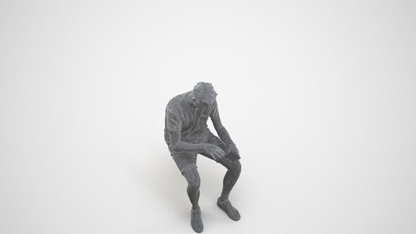 3D human model man casual sitting, photogrammetry scanned person for archviz, wireframe three-quarter view