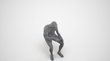 3D human model man casual sitting, photogrammetry scanned person for archviz, wireframe three-quarter view
