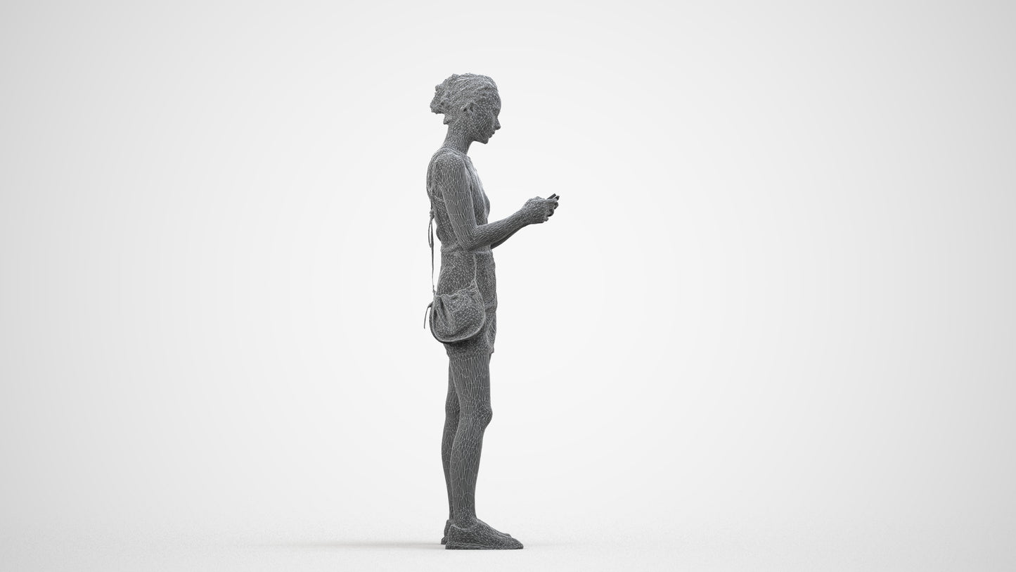 photogrammetry 3D woman casual standing, realistic human model archviz FBX, wireframe side view