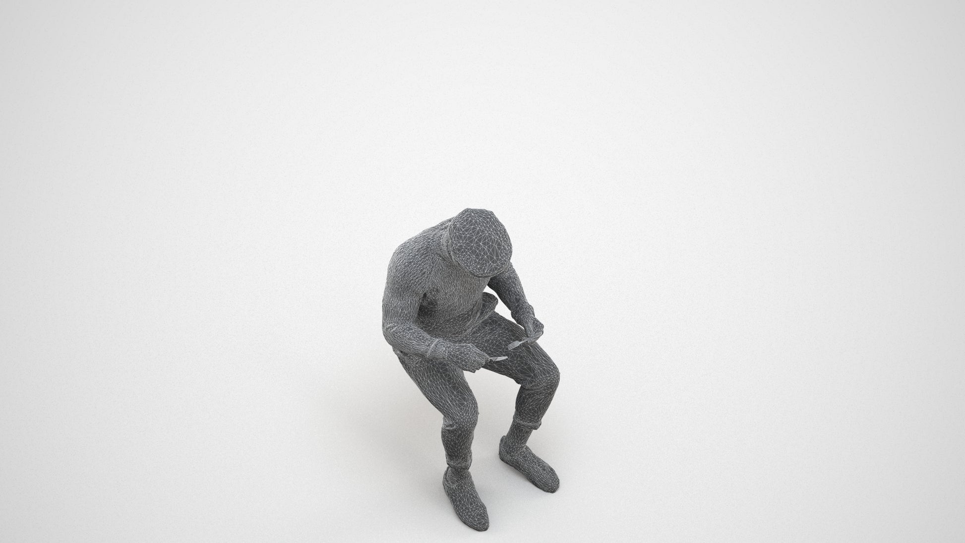 realistic 3D man casual sitting, scanned archviz people for Blender and 3ds Max, wireframe three-quarter view