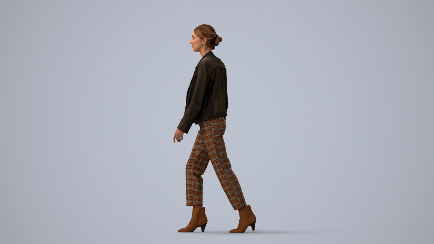 3D scanned woman walking business, photorealistic archviz people for Enscape and SketchUp, three-quarter view render