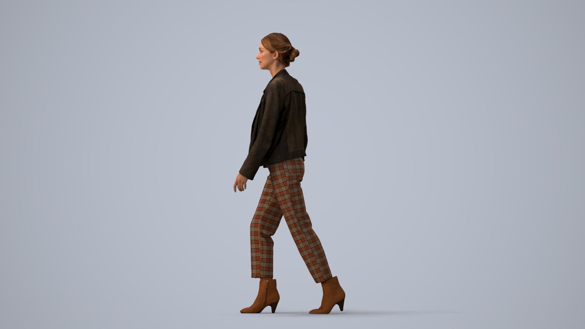 3D scanned woman walking business, photorealistic archviz people for Enscape and SketchUp, three-quarter view render