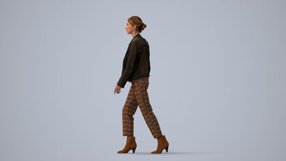 3D scanned woman walking business, photorealistic archviz people for Enscape and SketchUp, three-quarter view render