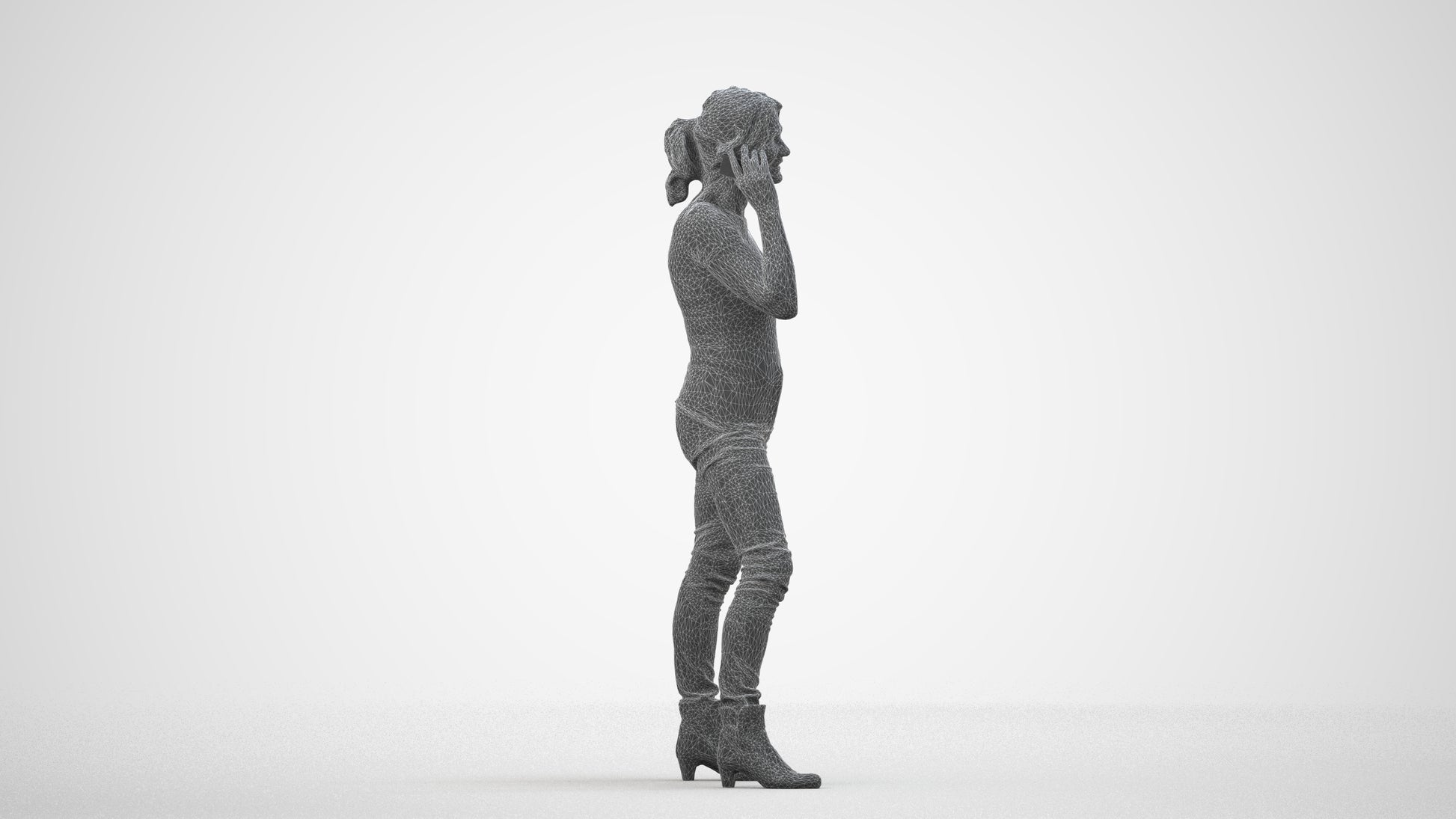 realistic 3D human senior woman casual standing, archviz people FBX OBJ for Blender, wireframe side view