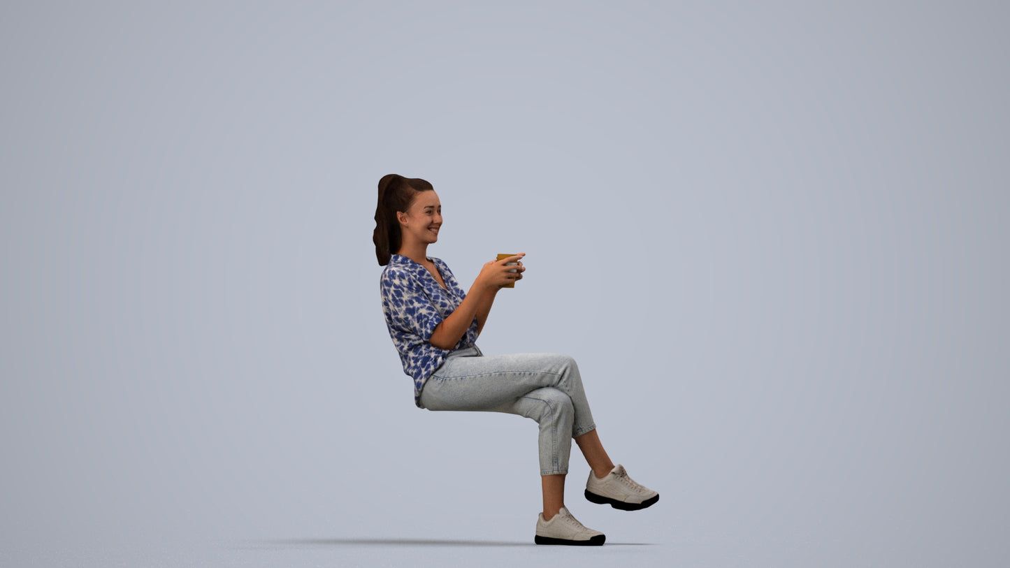 realistic 3D woman casual sitting, scanned archviz people for Blender and 3ds Max, side view render