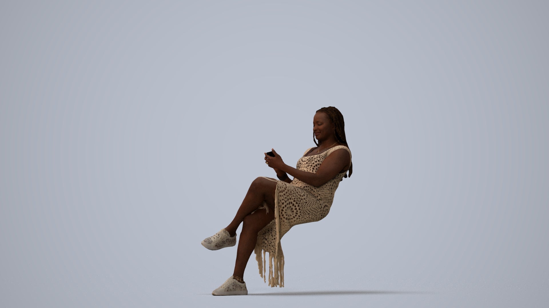realistic 3D human woman casual sitting, archviz people FBX OBJ for Blender, three-quarter view render