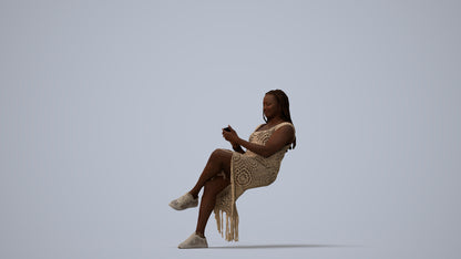 realistic 3D human woman casual sitting, archviz people FBX OBJ for Blender, three-quarter view render