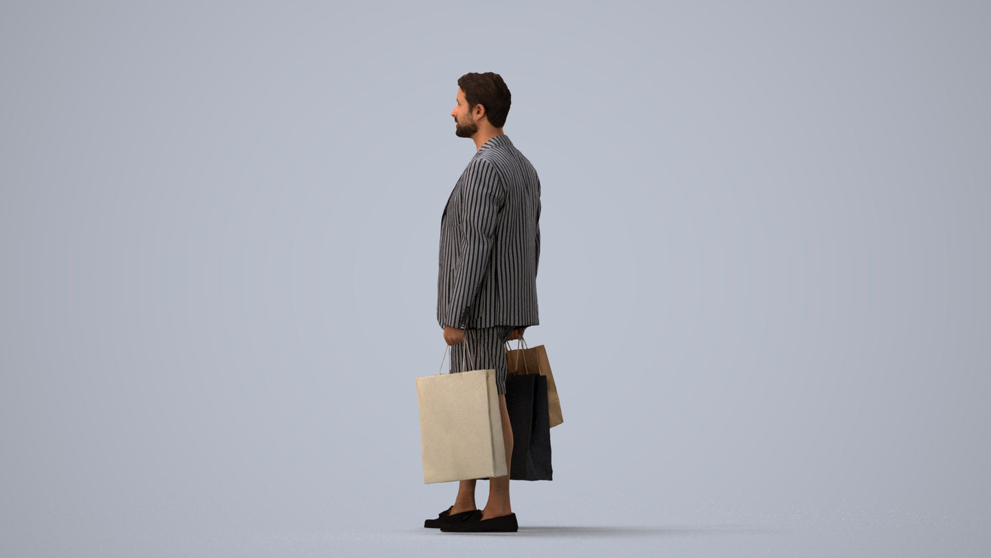 photogrammetry 3D man business shopping, realistic human model archviz FBX, three-quarter view render