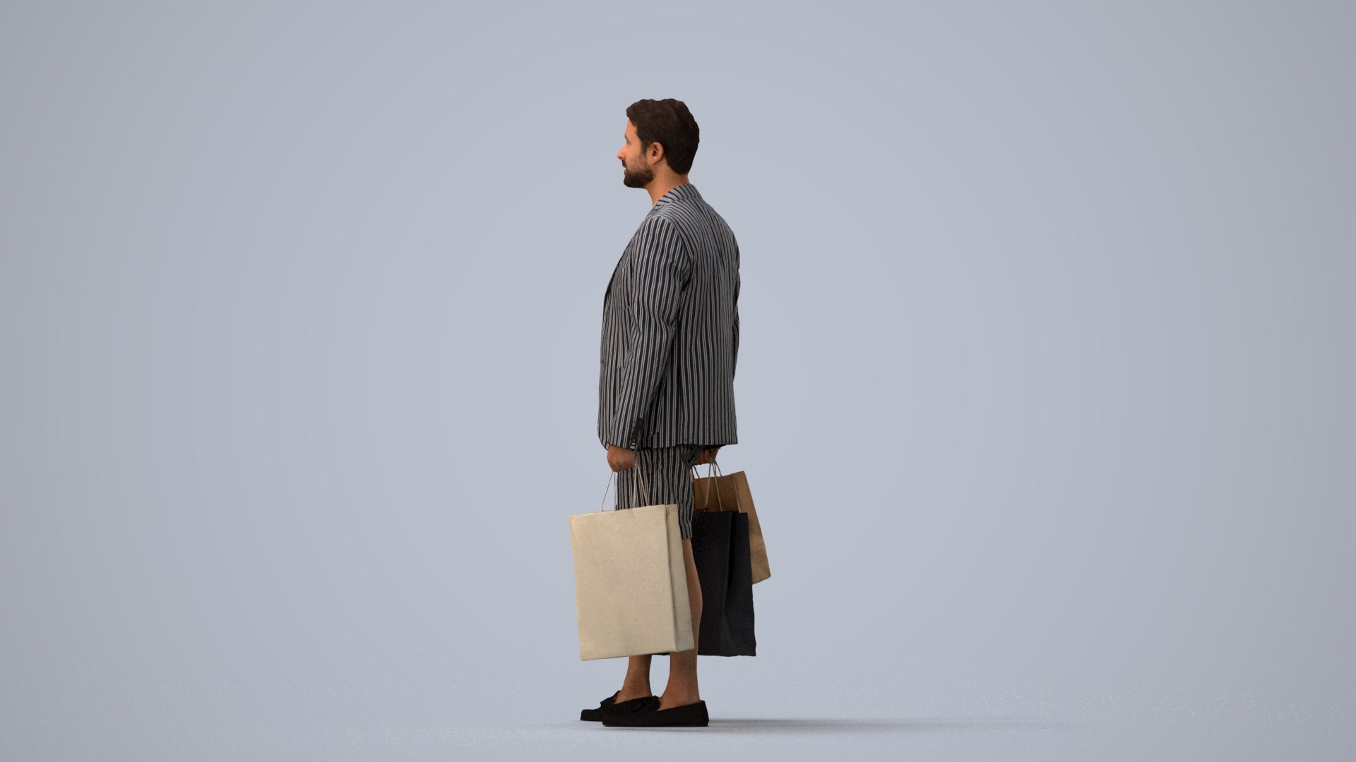 photogrammetry 3D man business shopping, realistic human model archviz FBX, three-quarter view render