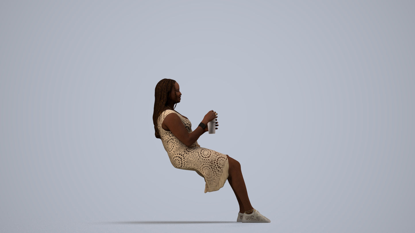 realistic 3D woman casual sitting, scanned archviz people for Blender and 3ds Max, side view render