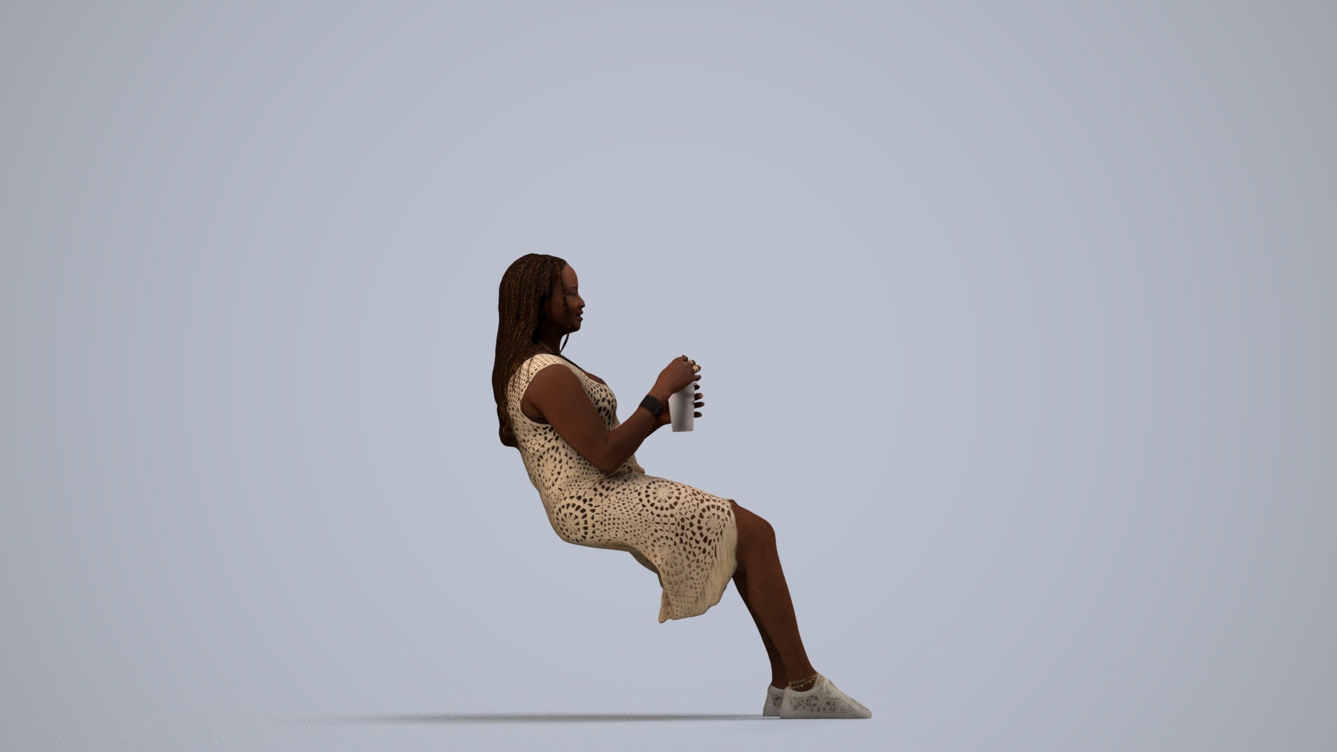 realistic 3D woman casual sitting, scanned archviz people for Blender and 3ds Max, side view render