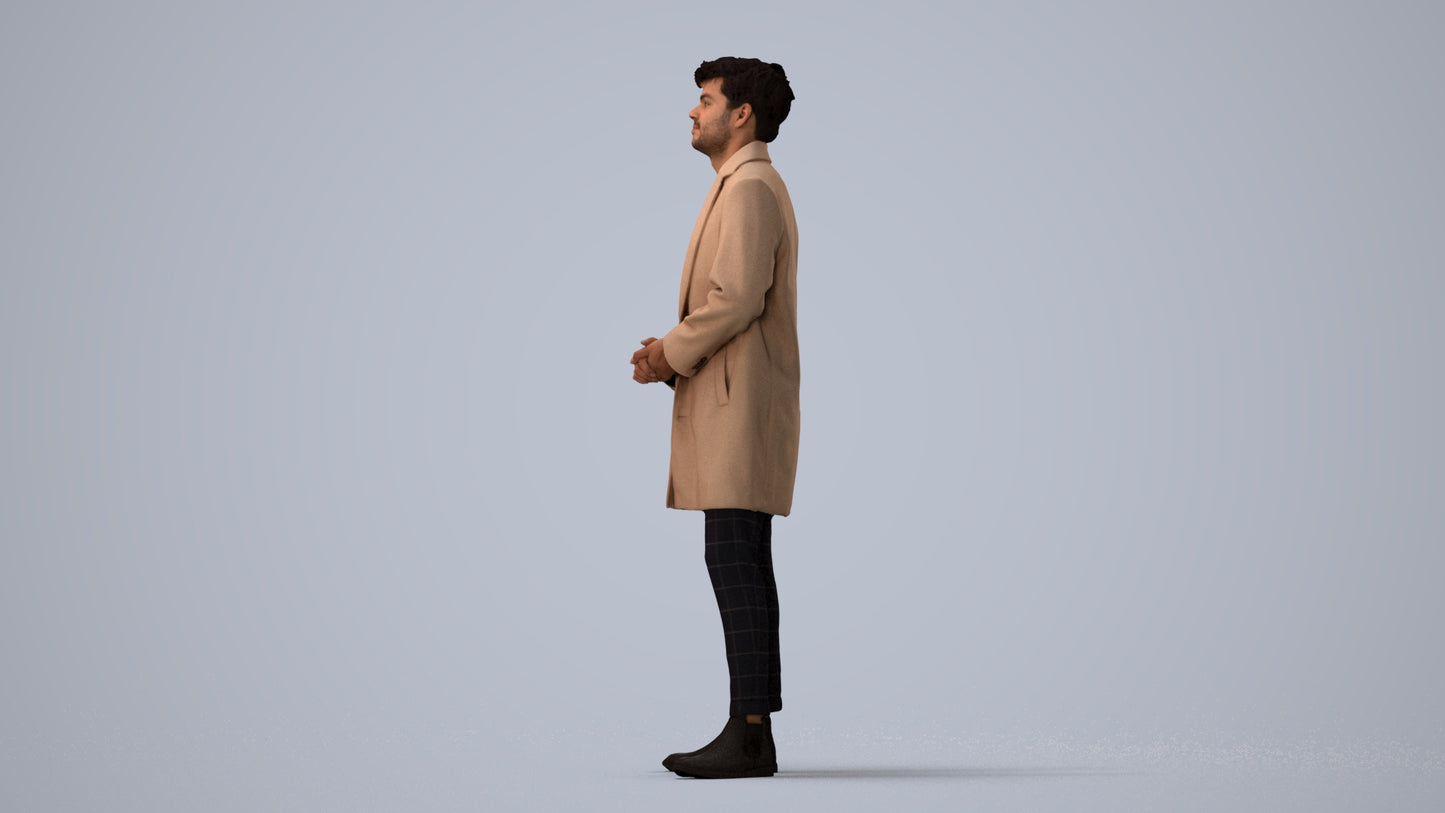realistic 3D human man business standing, archviz people FBX OBJ for Blender, three-quarter view render