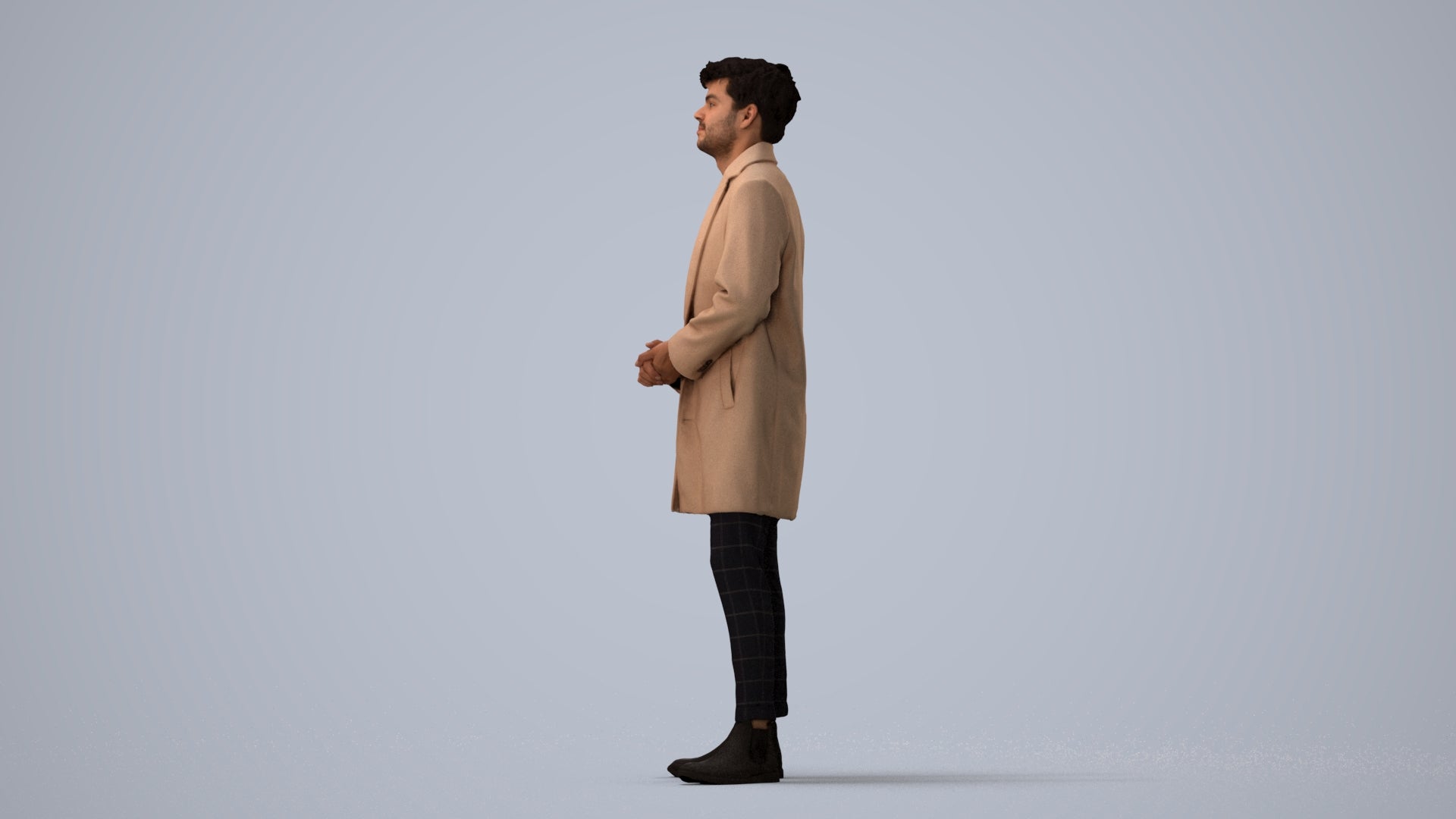 realistic 3D human man business standing, archviz people FBX OBJ for Blender, three-quarter view render