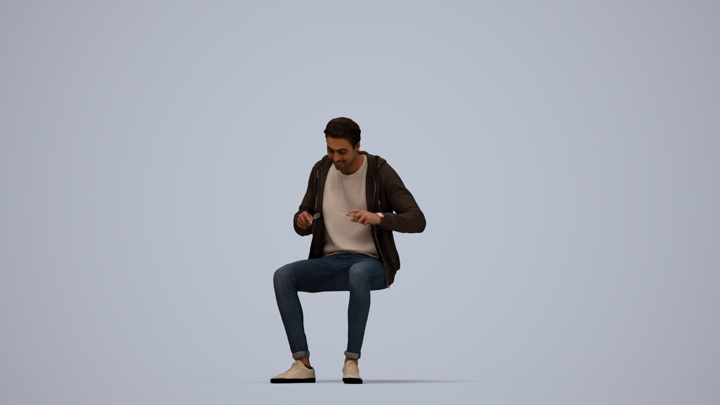 realistic 3D man casual sitting, scanned archviz people for Blender and 3ds Max, top-down view render