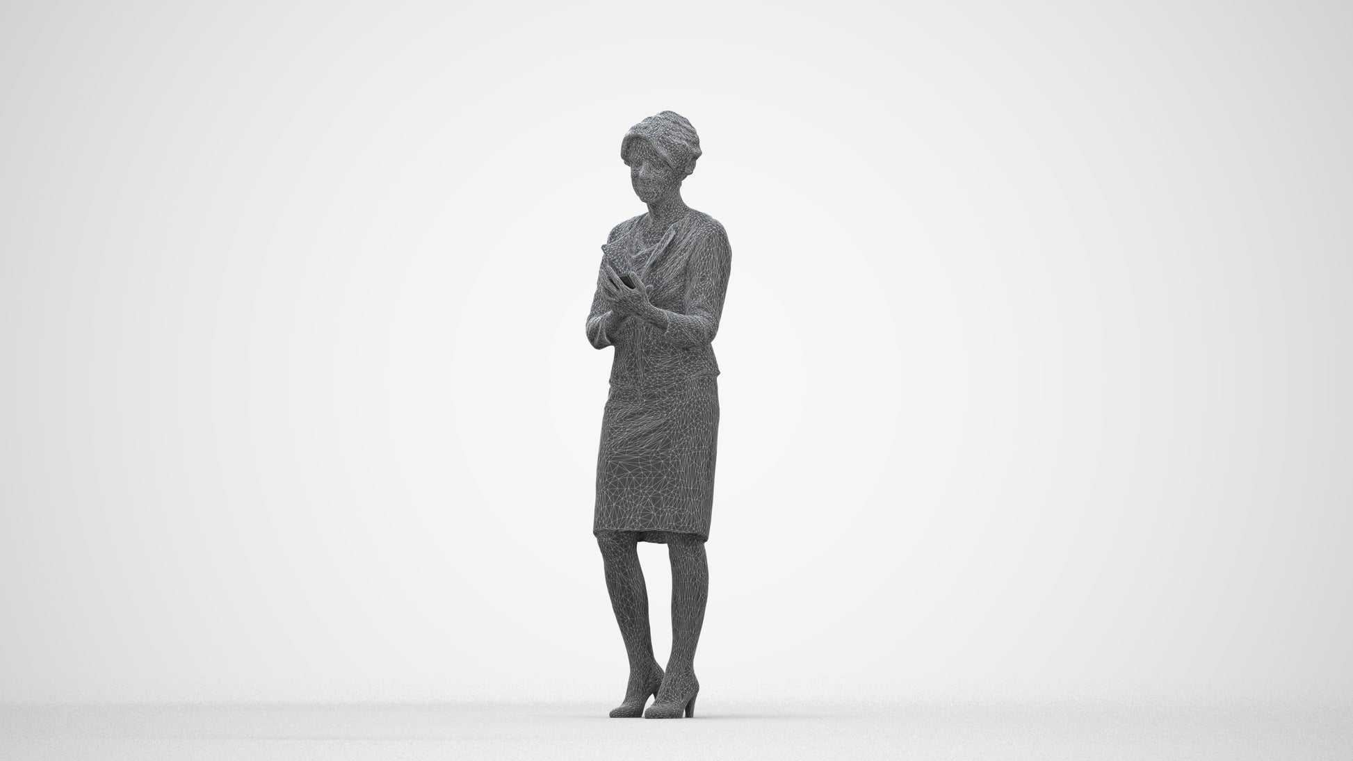 3D scanned woman standing business, photorealistic archviz people for Enscape and SketchUp, wireframe back view