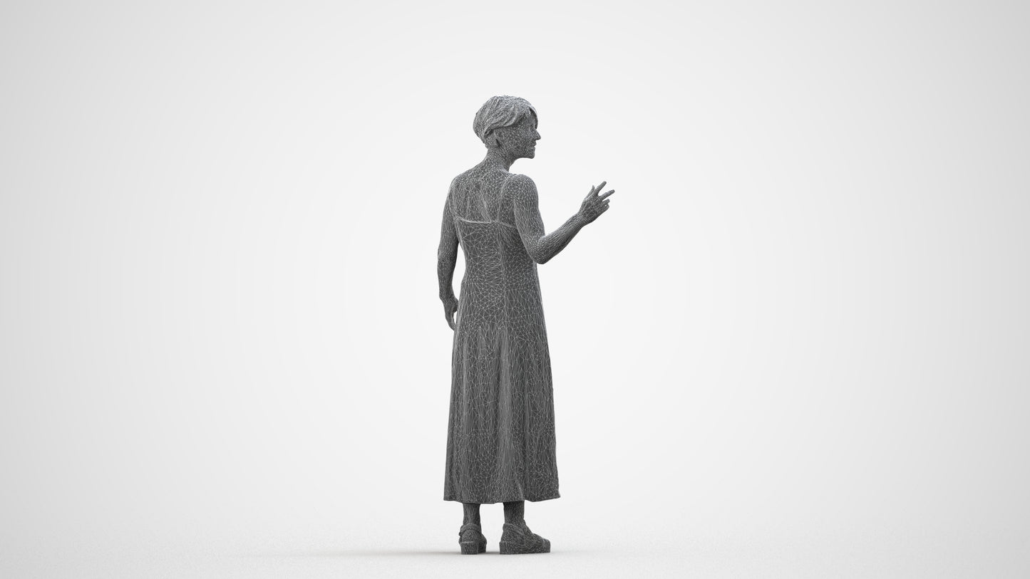 realistic 3D senior woman standing, scanned archviz people for Blender and 3ds Max, wireframe side view