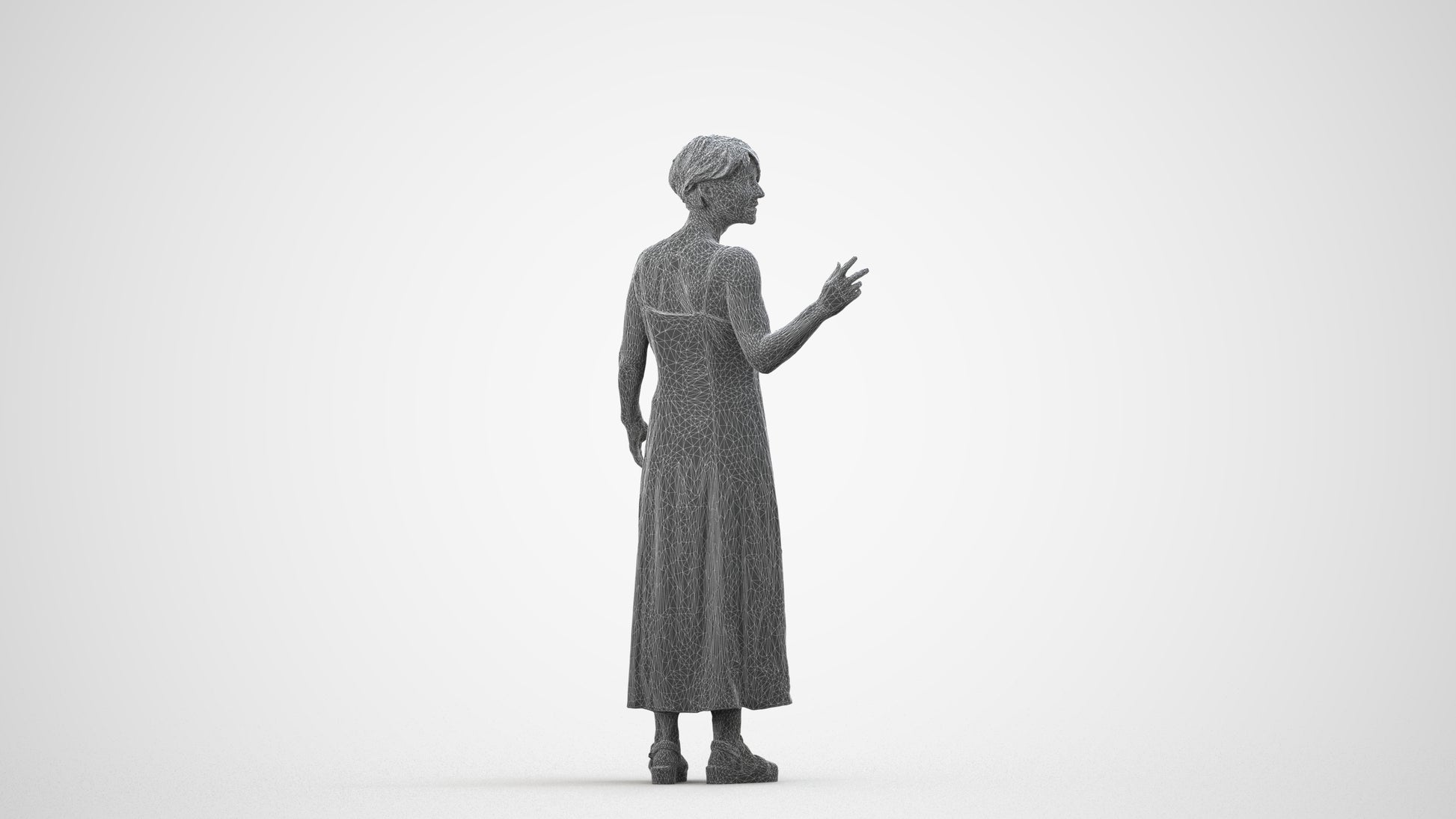 realistic 3D senior woman standing, scanned archviz people for Blender and 3ds Max, wireframe side view