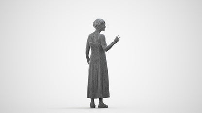 realistic 3D senior woman standing, scanned archviz people for Blender and 3ds Max, wireframe side view