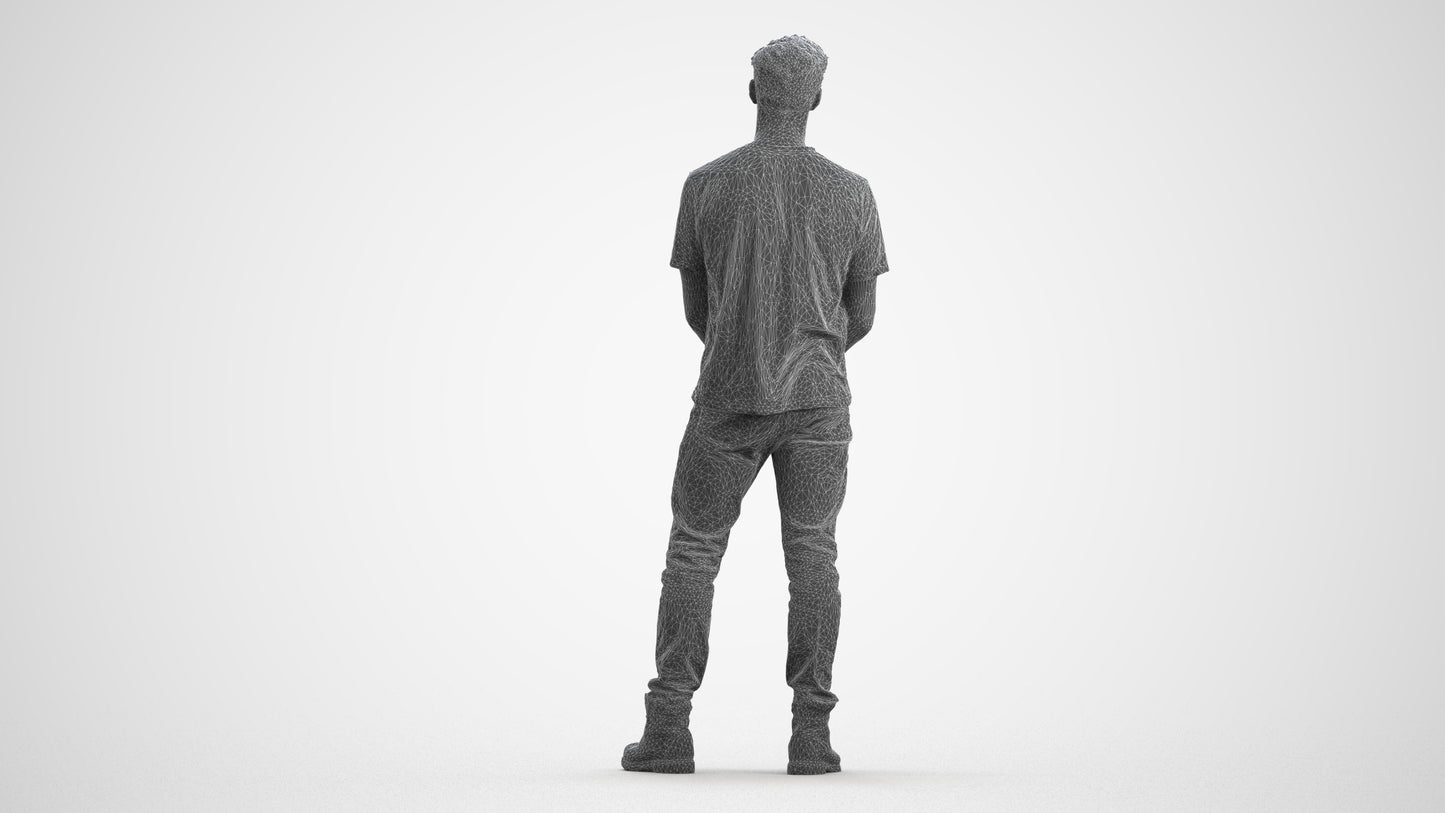 3D human model man casual standing, photogrammetry scanned person for archviz, wireframe front view