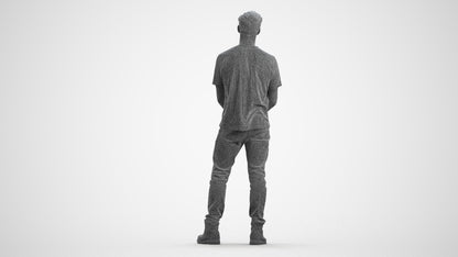 3D human model man casual standing, photogrammetry scanned person for archviz, wireframe front view