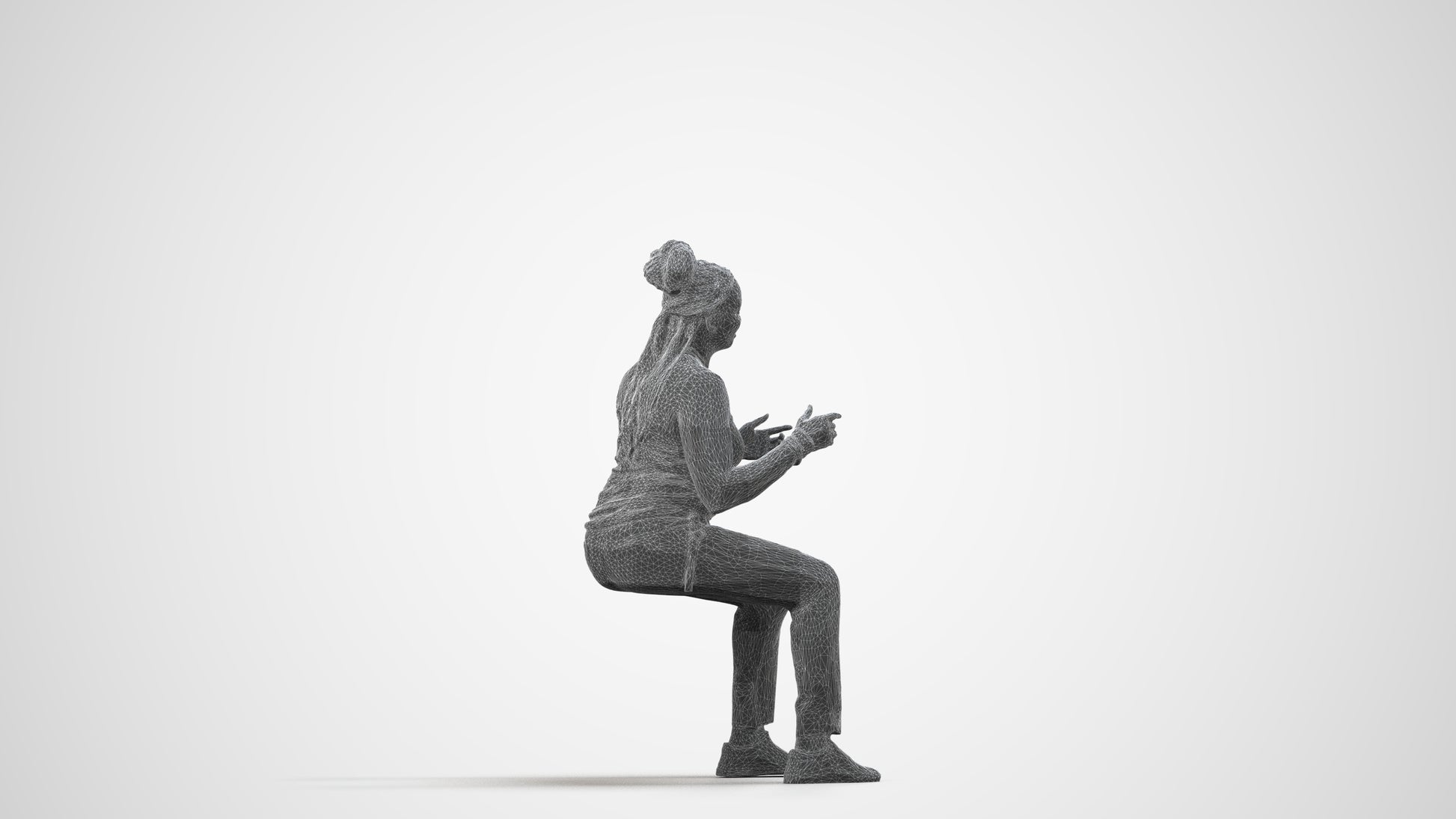 3D human model woman casual sitting, photogrammetry scanned person for archviz, wireframe side view