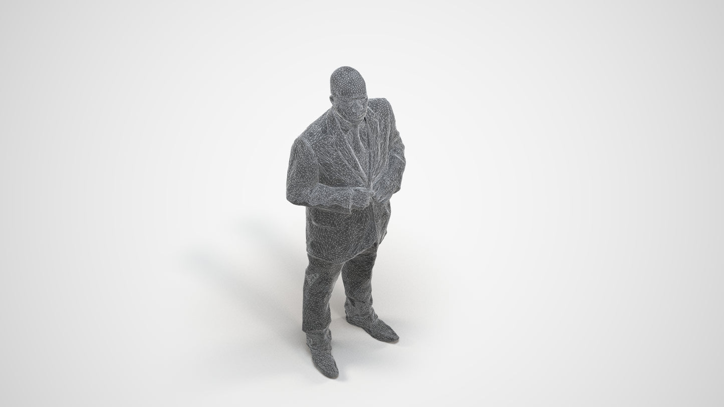 3D human model man business, photogrammetry scanned person for archviz, wireframe three-quarter view
