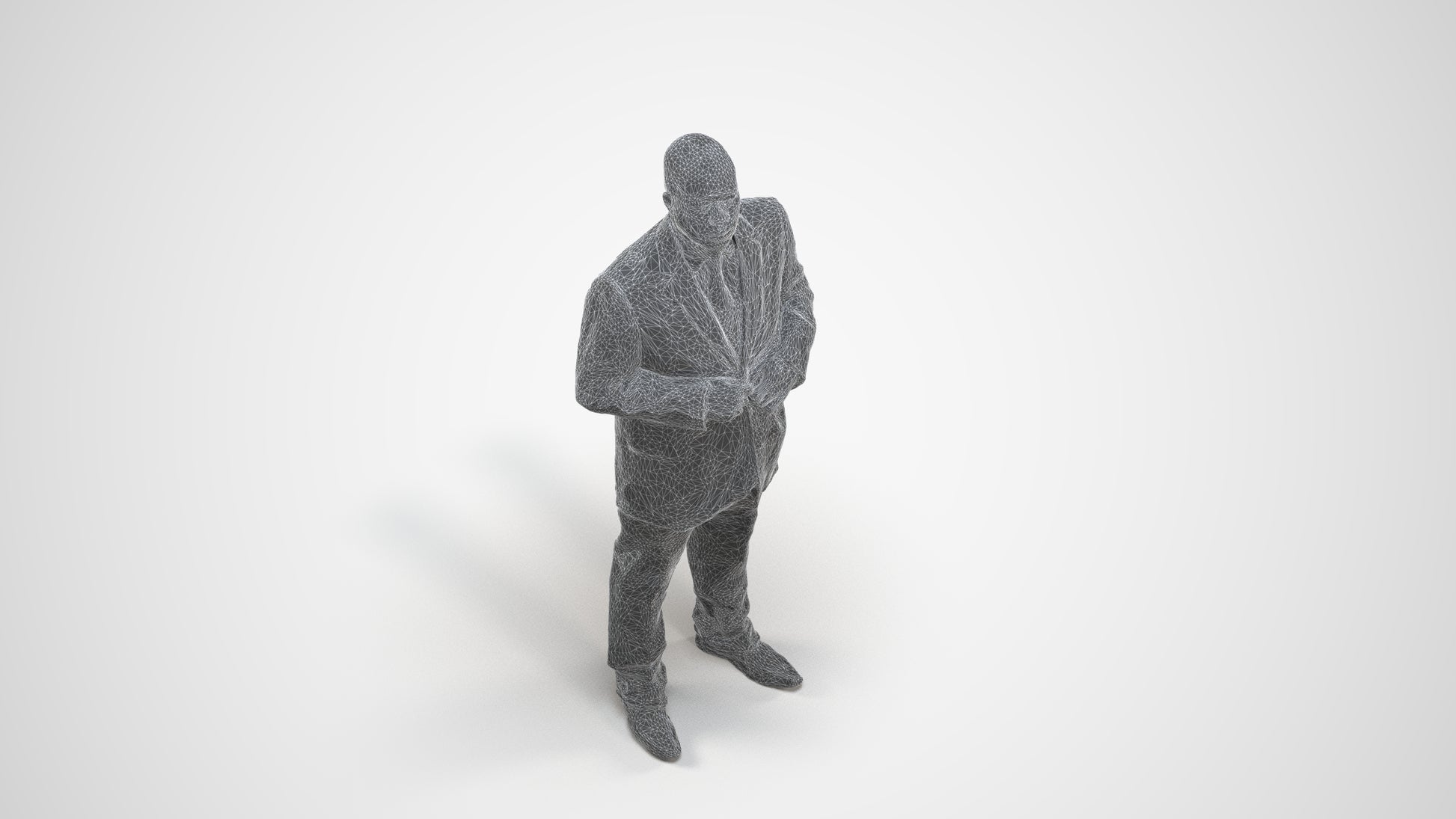 3D human model man business, photogrammetry scanned person for archviz, wireframe three-quarter view