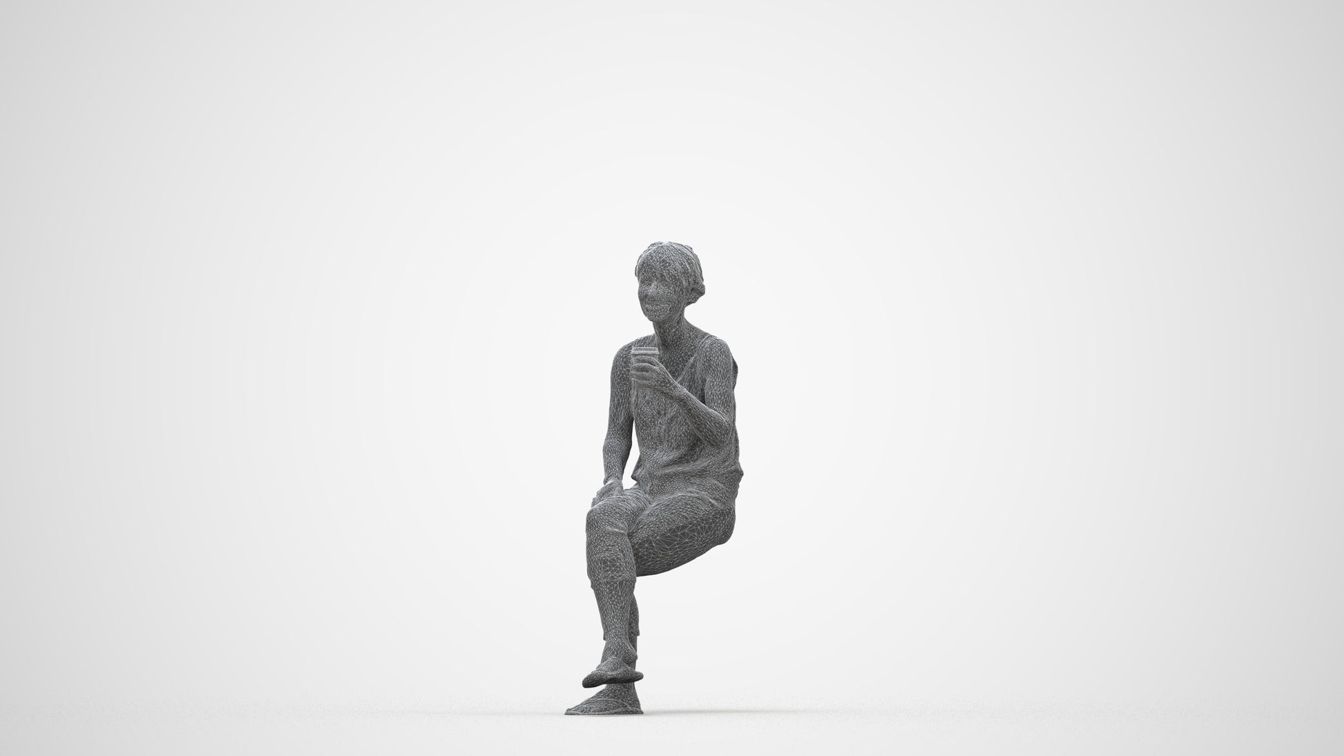 3D human model senior woman sitting, photogrammetry scanned person for archviz, wireframe back view