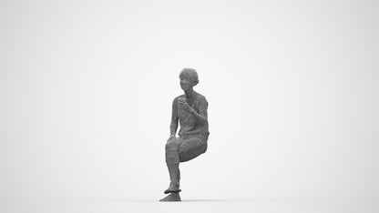 3D human model senior woman sitting, photogrammetry scanned person for archviz, wireframe back view