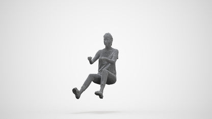 3D human model woman casual driving, photogrammetry scanned person for archviz, three-quarter front view render