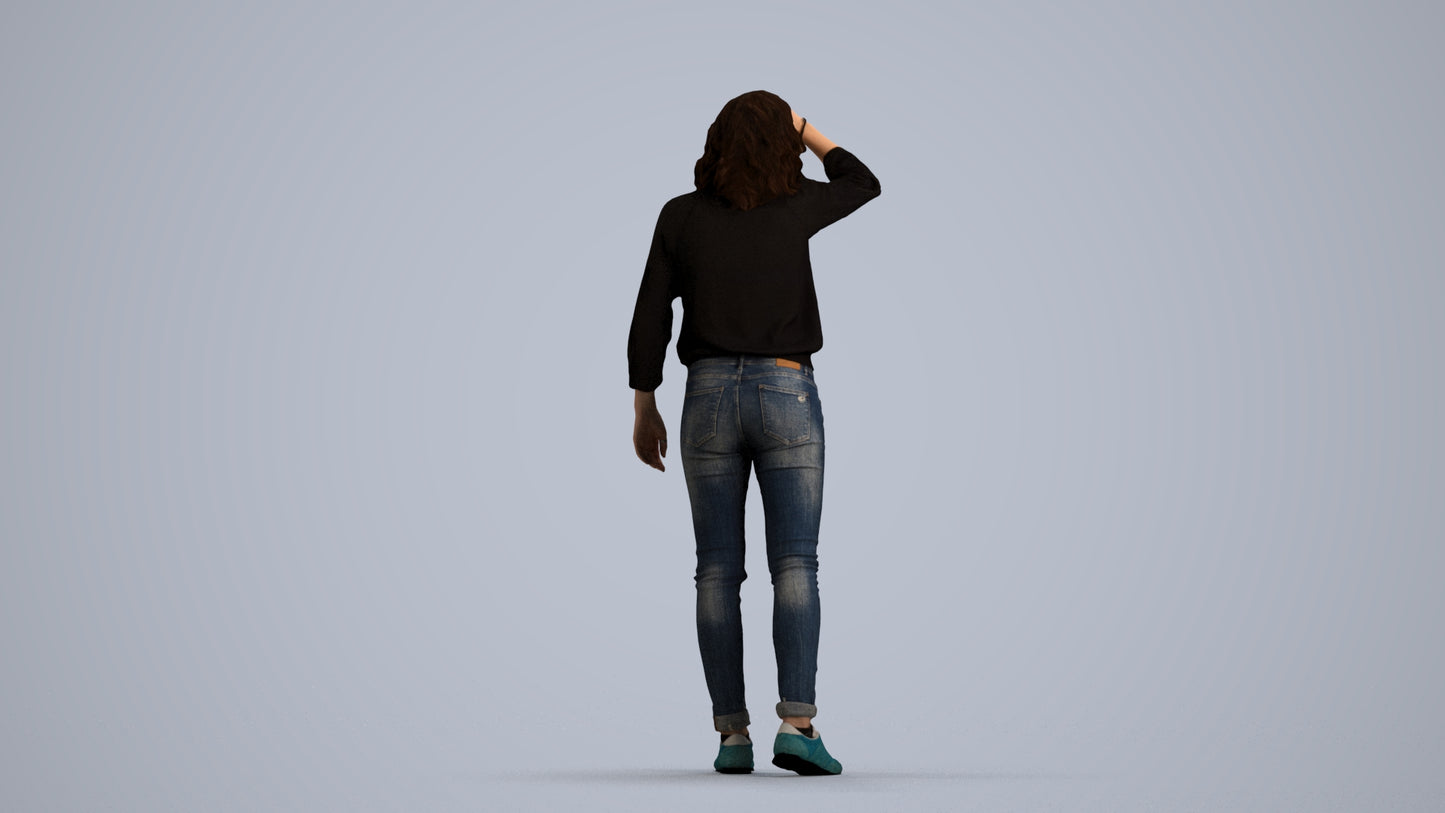 realistic 3D woman casual walking, scanned archviz people for Blender and 3ds Max, front view render
