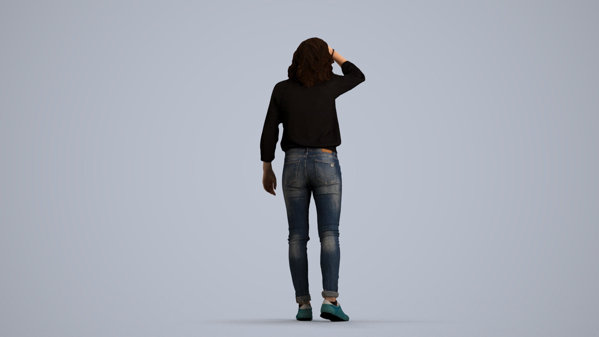 realistic 3D woman casual walking, scanned archviz people for Blender and 3ds Max, front view render