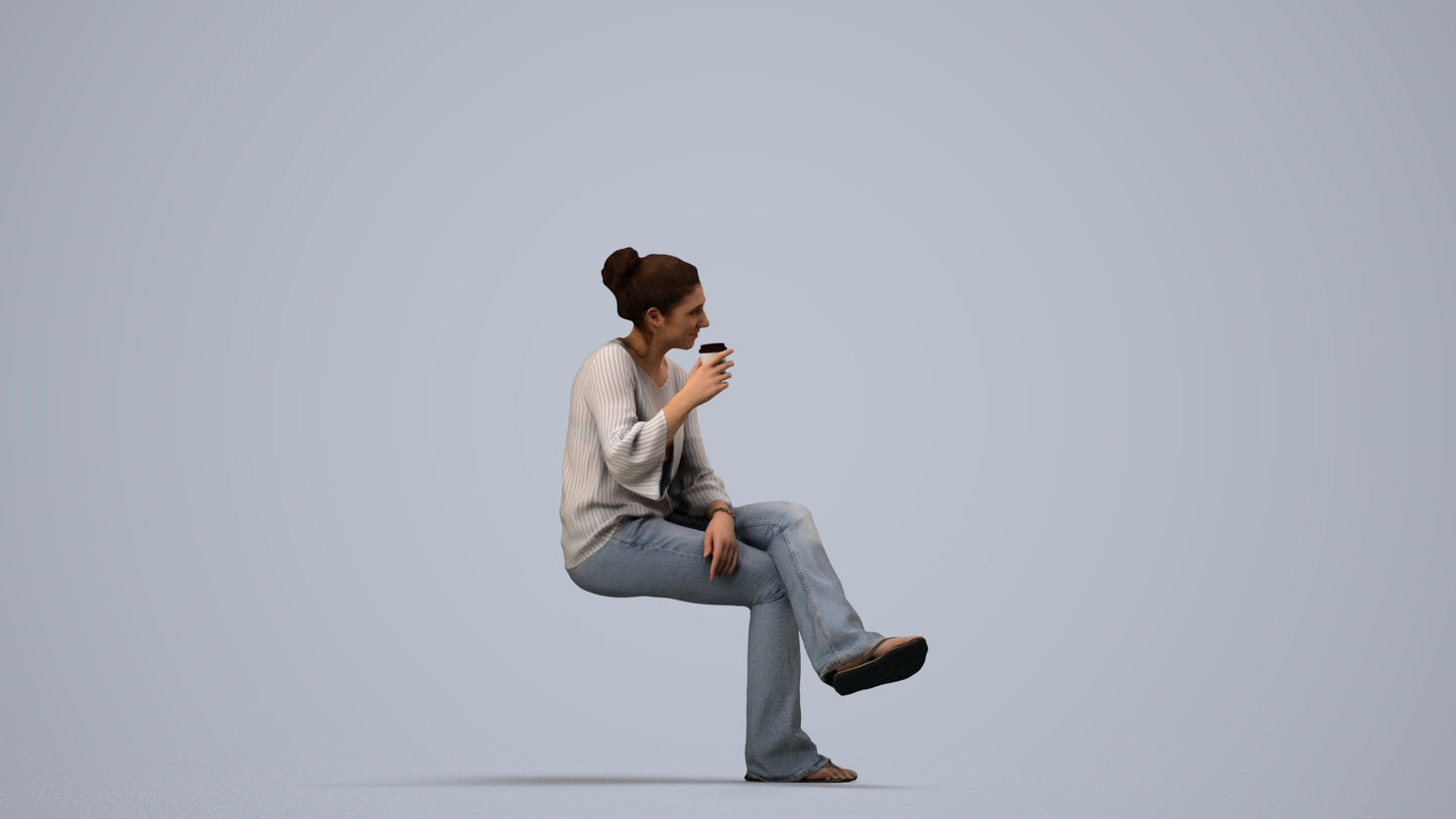 realistic 3D woman casual sitting, scanned archviz people for Blender and 3ds Max, side view render