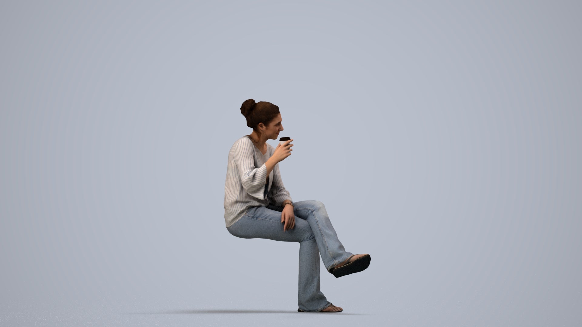 realistic 3D woman casual sitting, scanned archviz people for Blender and 3ds Max, side view render