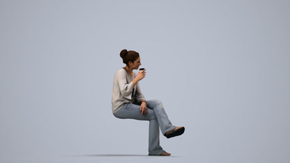 realistic 3D woman casual sitting, scanned archviz people for Blender and 3ds Max, side view render